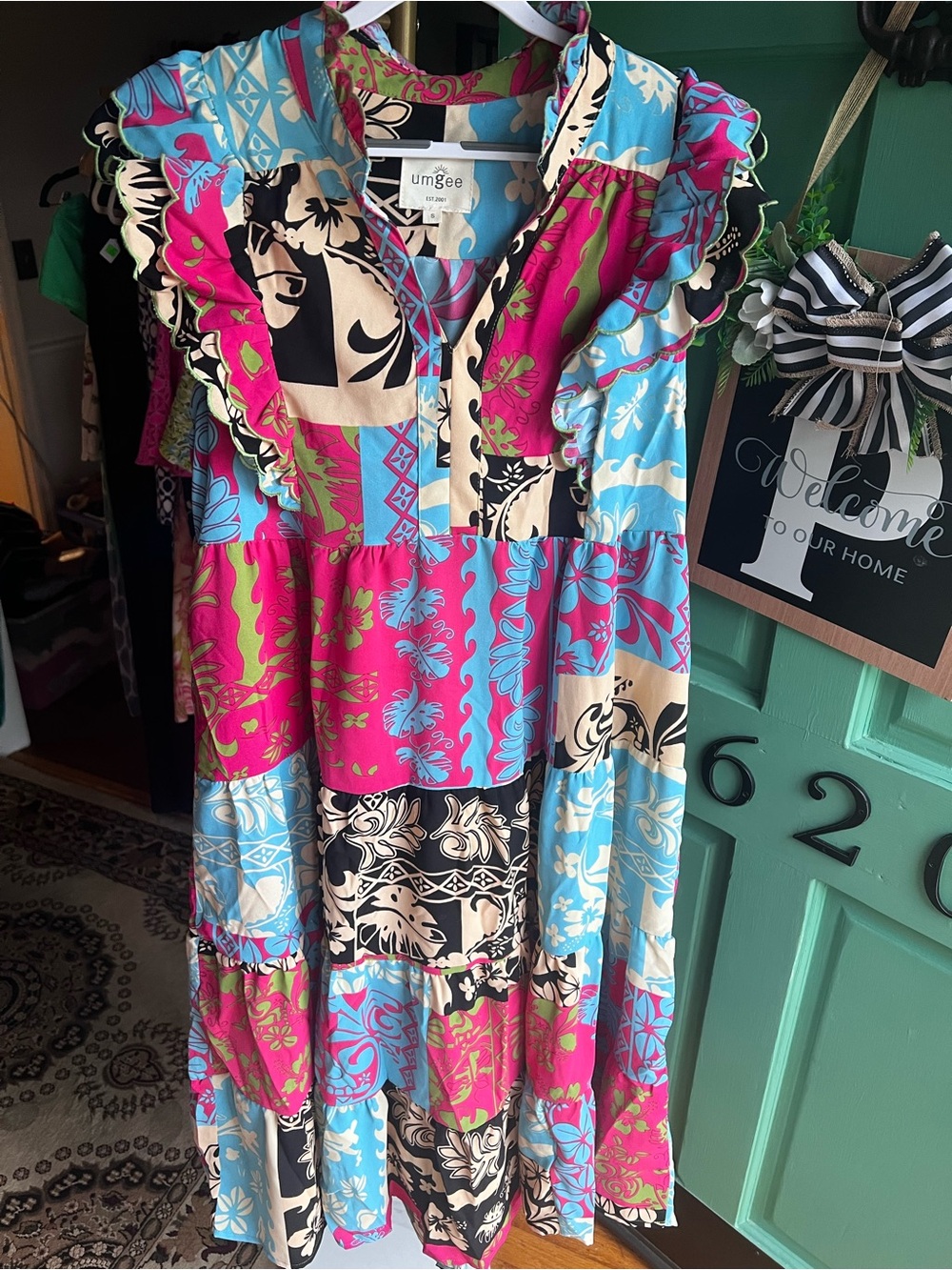 Umgee Pink Blue Floral Patchwork Maxi Dress size Small NEW